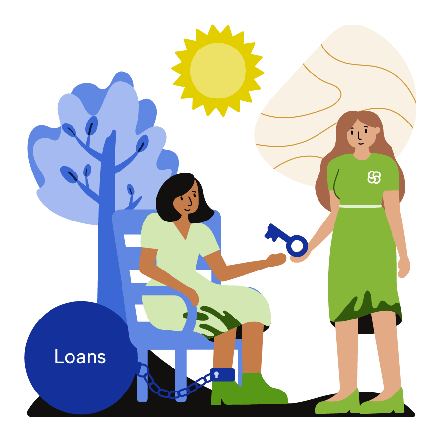 An advisor handing a woman tied down by a loan a key.