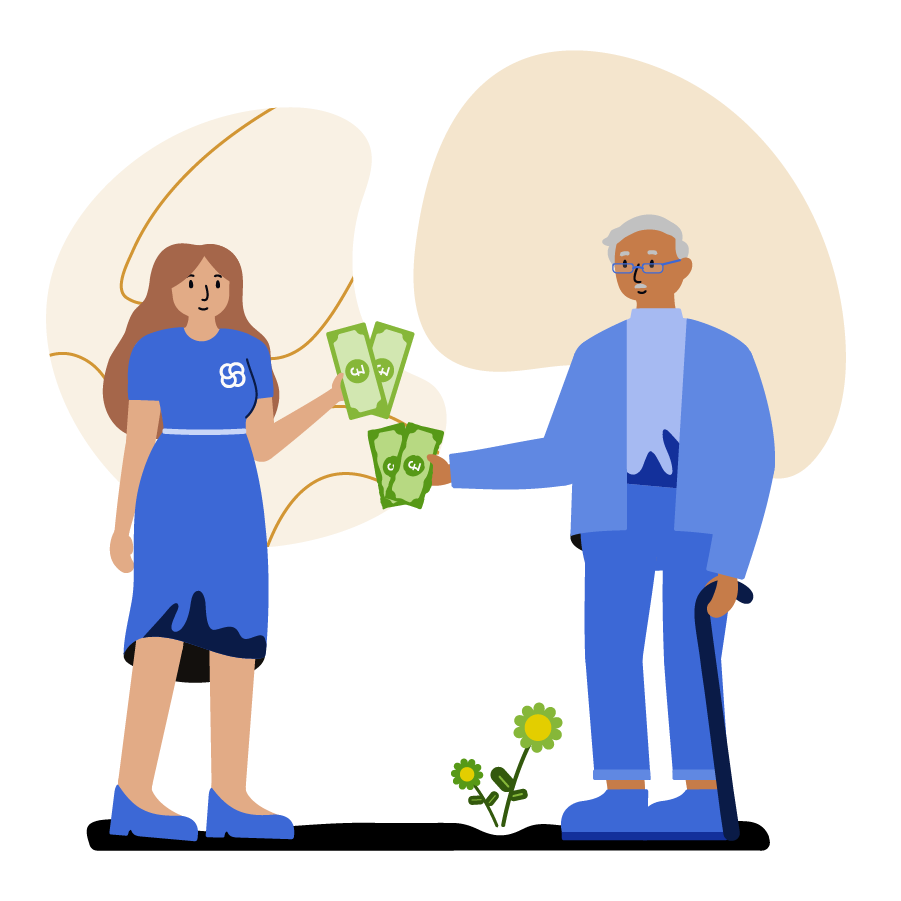 A man and woman looking at exchanging notes.