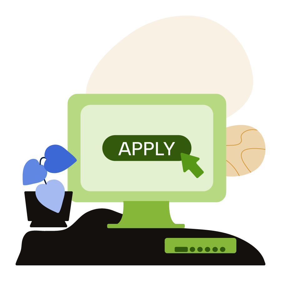 A green laptop with a large Apply button.