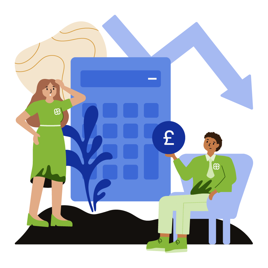 Two advisors next to a downward arrow and calculator in minus.