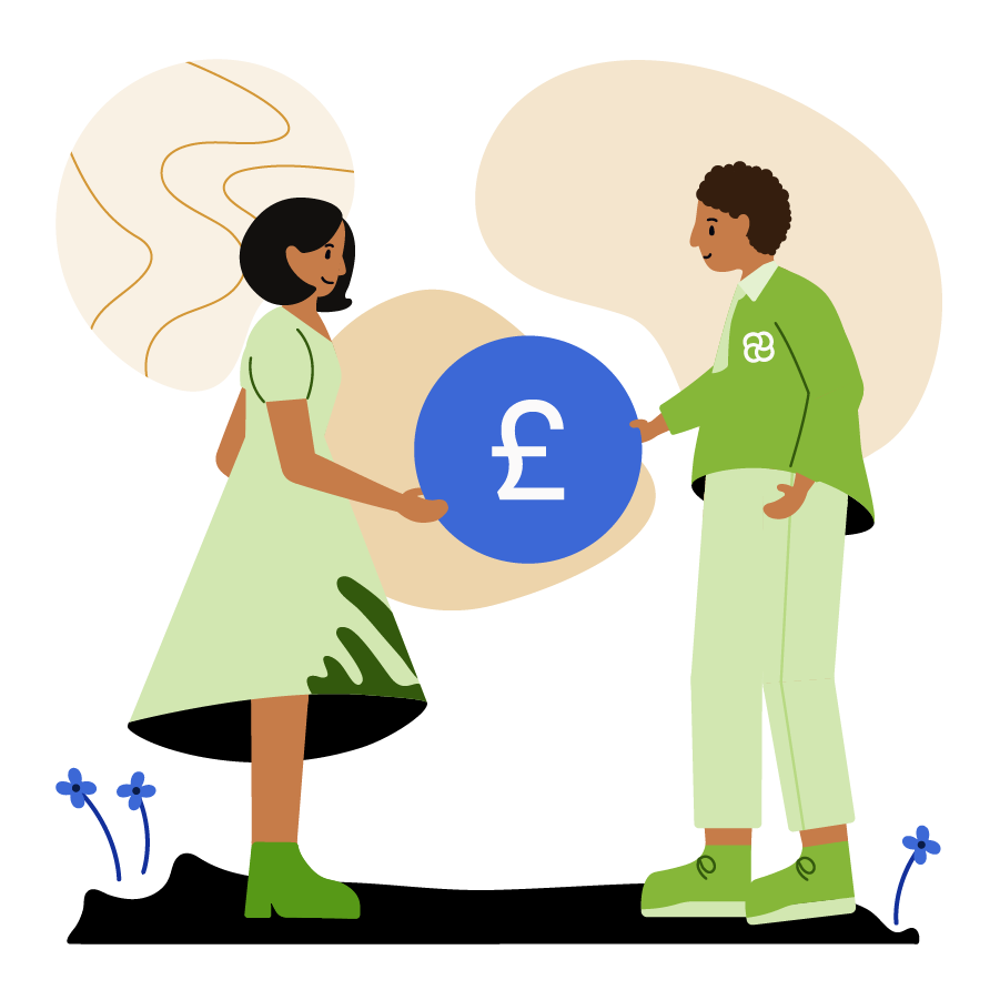 A woman and an advisor holding a pound coin.