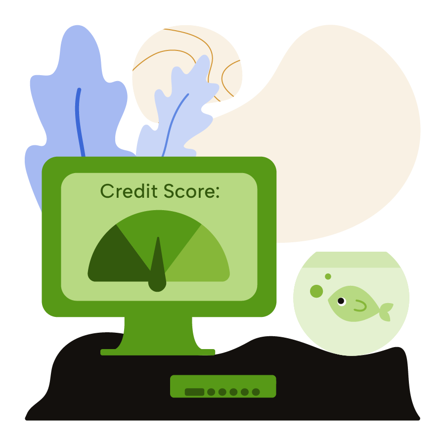A green laptop with a credit score.