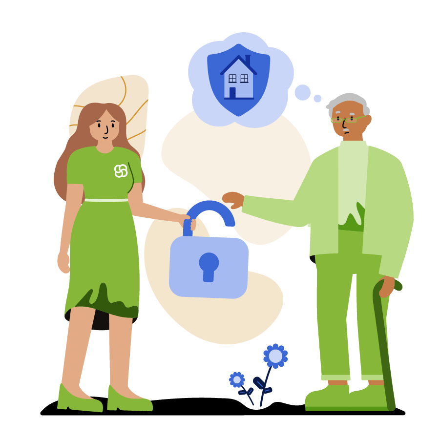 An advisor handing an old man an open padlock.