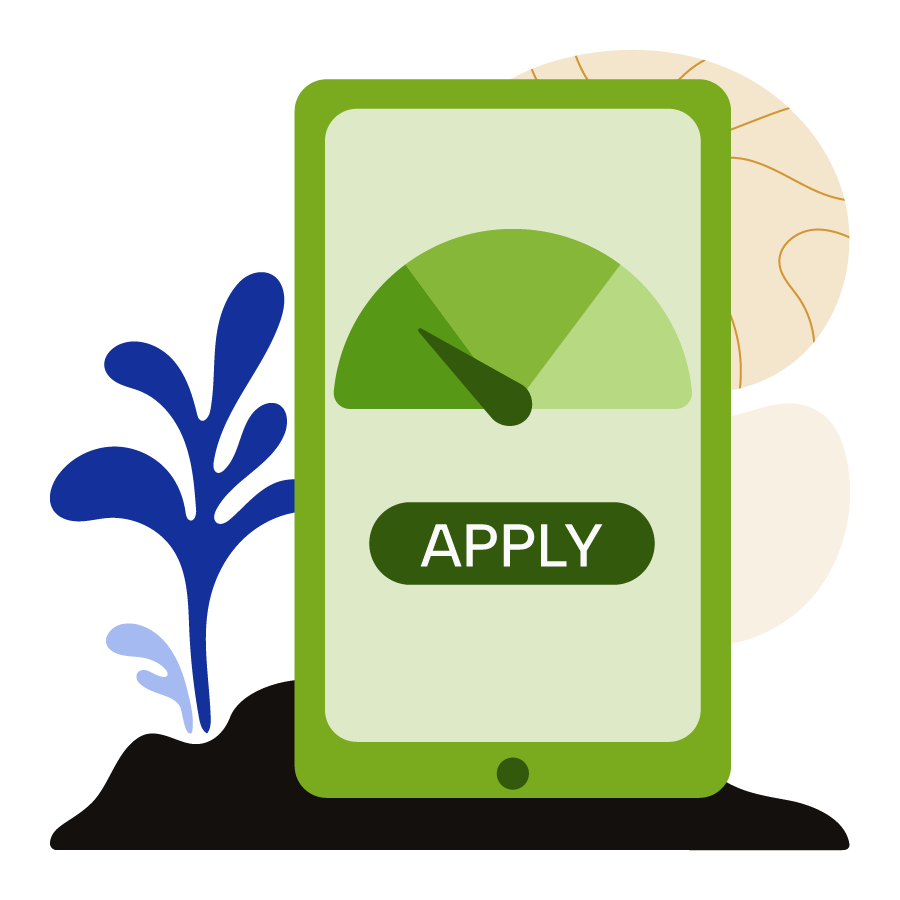 A green mobile phone with a credit score and an apply button.