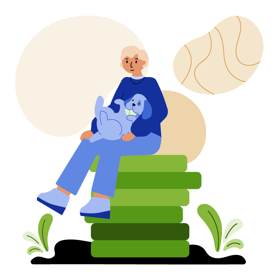 A woman sitting on a stack of coins with her dog.