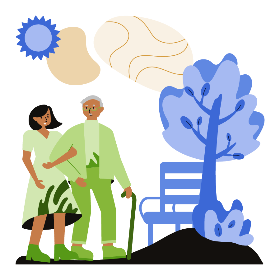 A woman and her dad walking together.