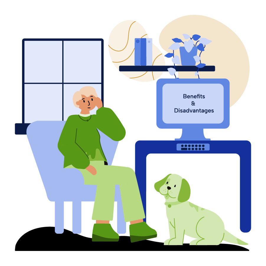 A pensive woman looking at a screen with pros and cons.