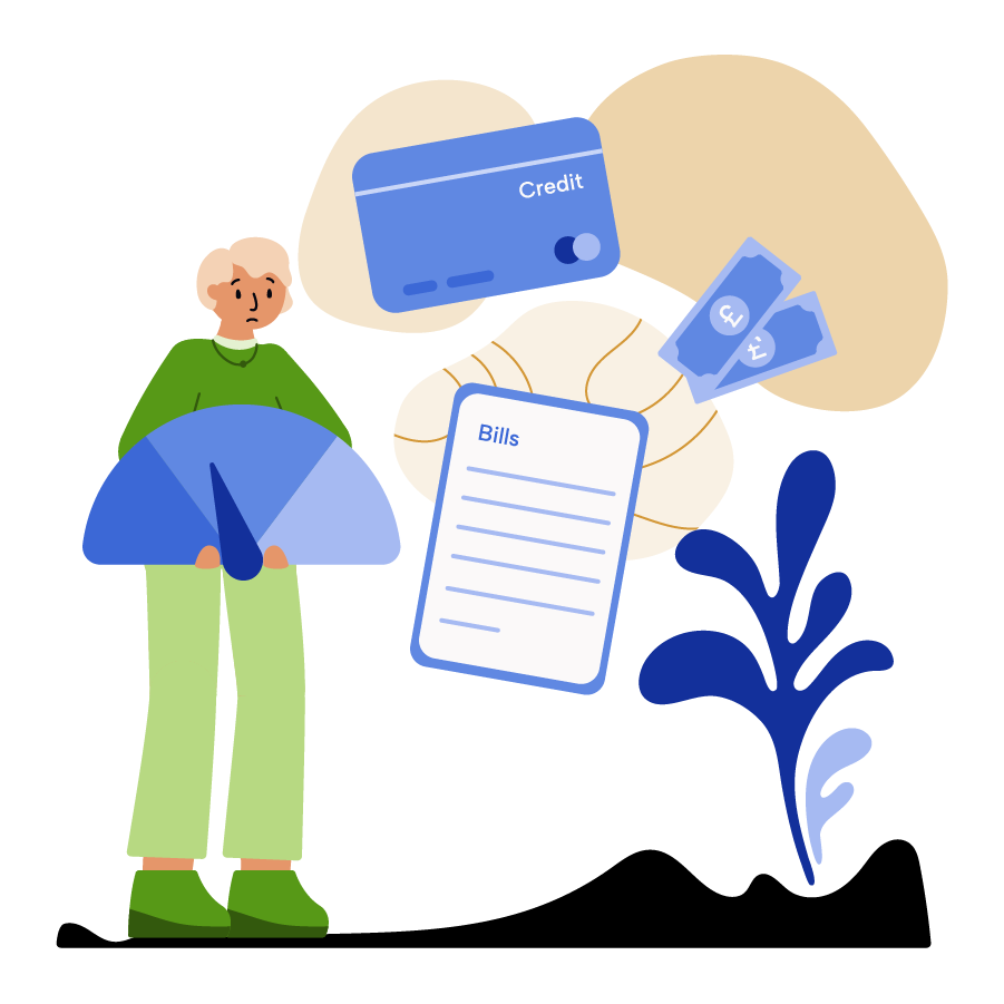 A woman holding a credit score and looking at expenses.