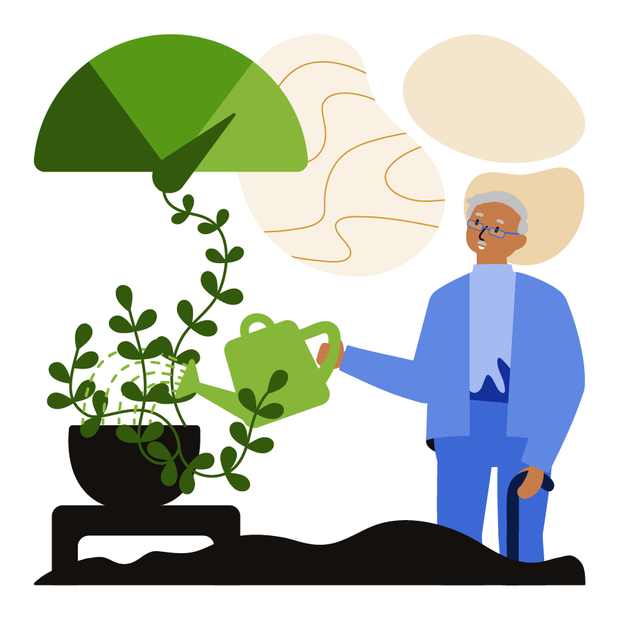 A man watering his plant leading to a credit score.