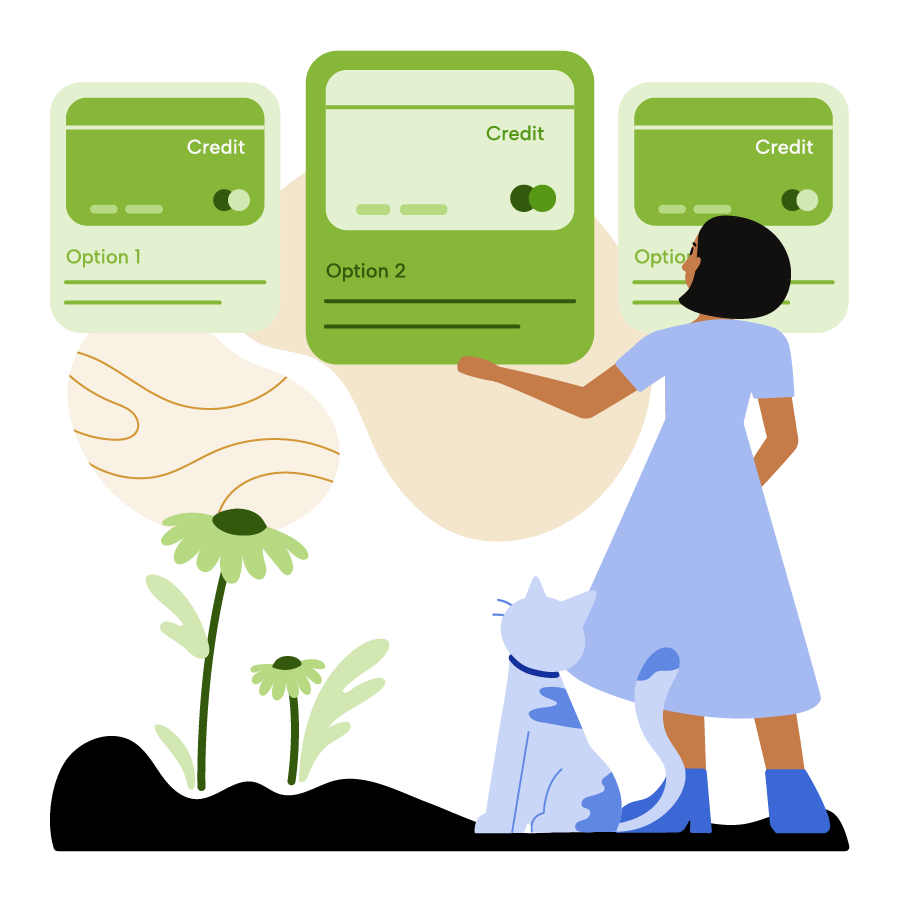 A woman looking at three credit card options.