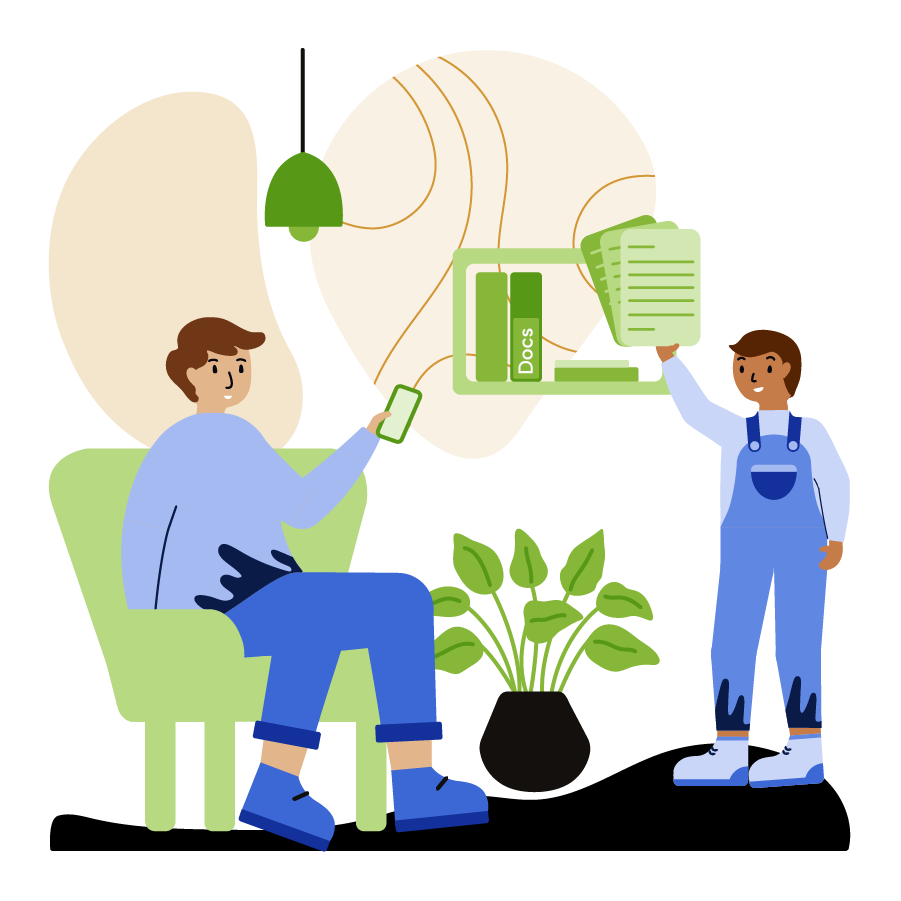 A boy holding up documents next to a man on his phone.