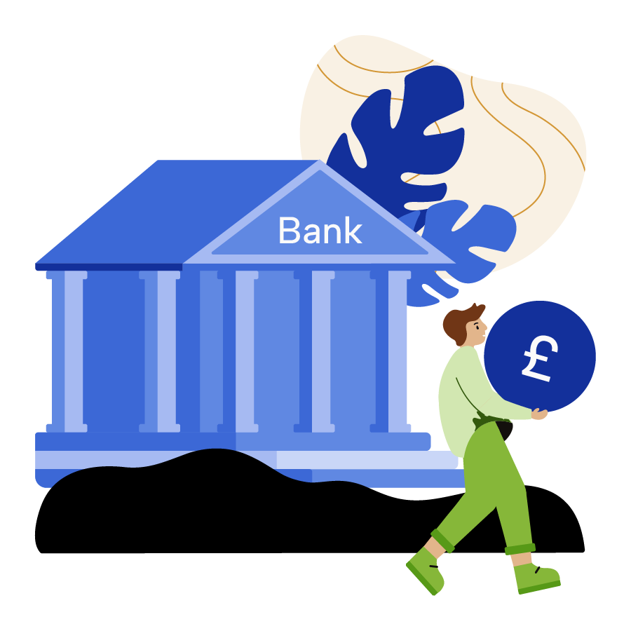 A man walking from a bank with money.