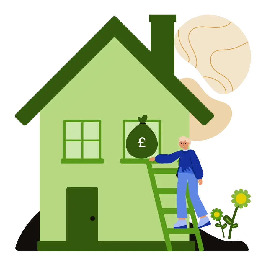 A woman on a ladder outside of her house with a money bag.