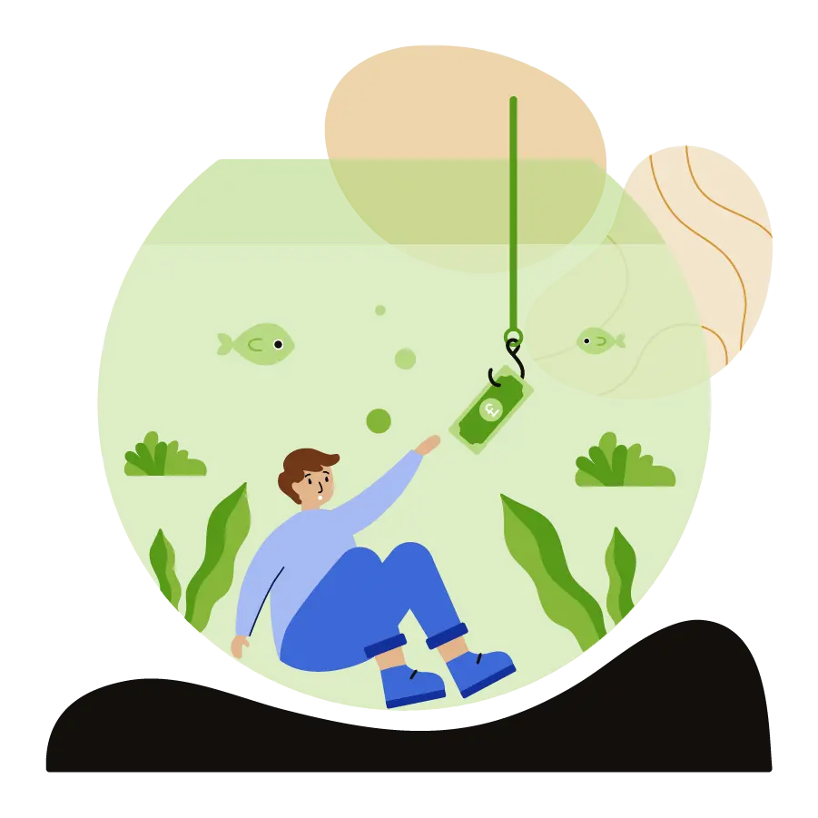 A man in a fish bowl reaching for money hanging in a fishing rod.