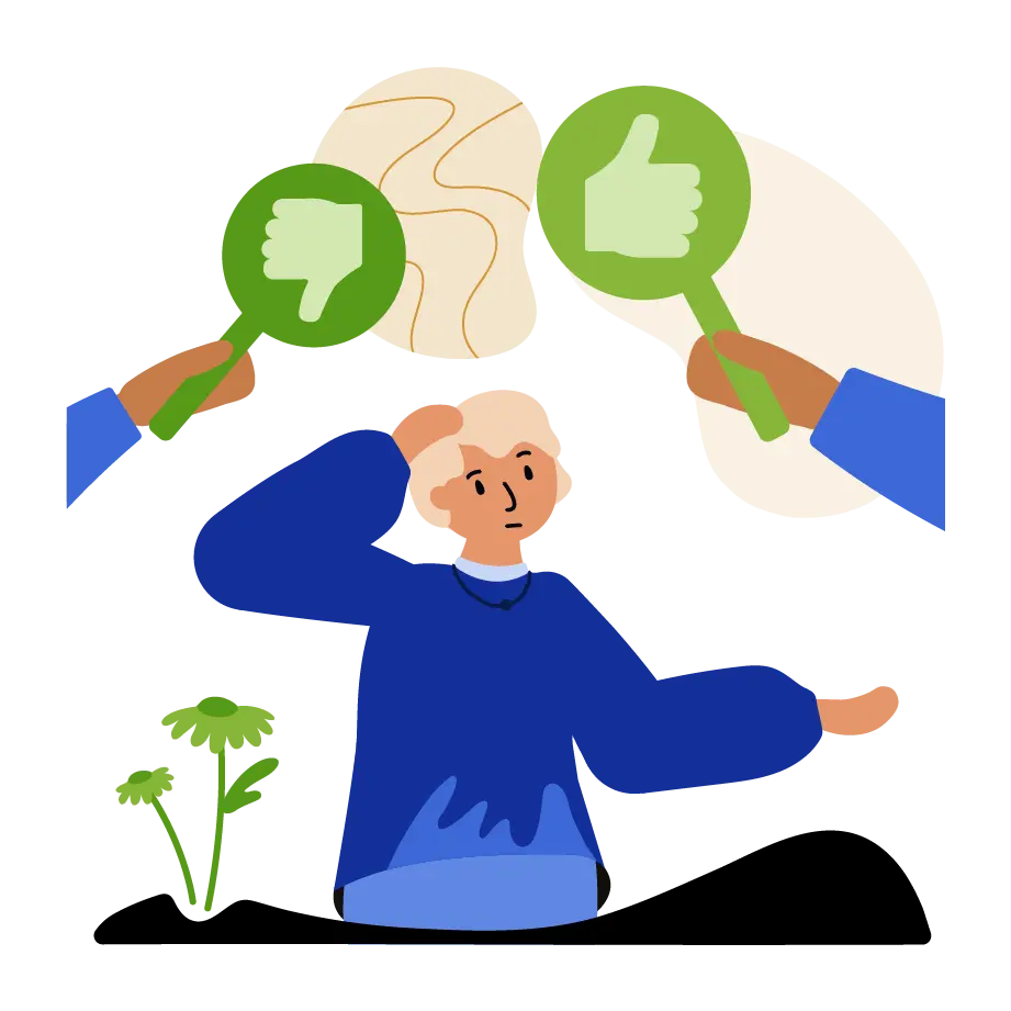 A pensive woman under tow thumbs up and thumbs down signs.