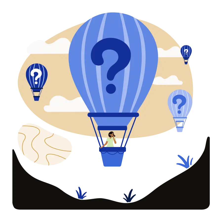 A woman in a hot air balloon with a question mark.