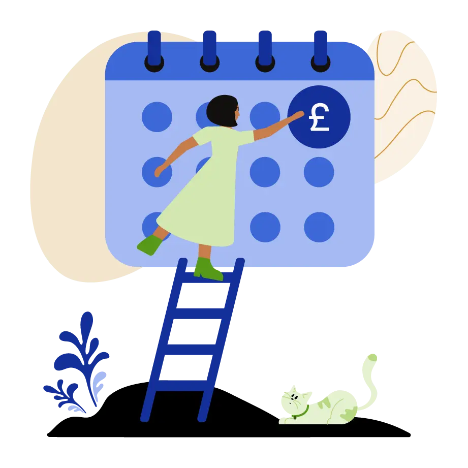 A woman on a ladder reaching for a calendar.