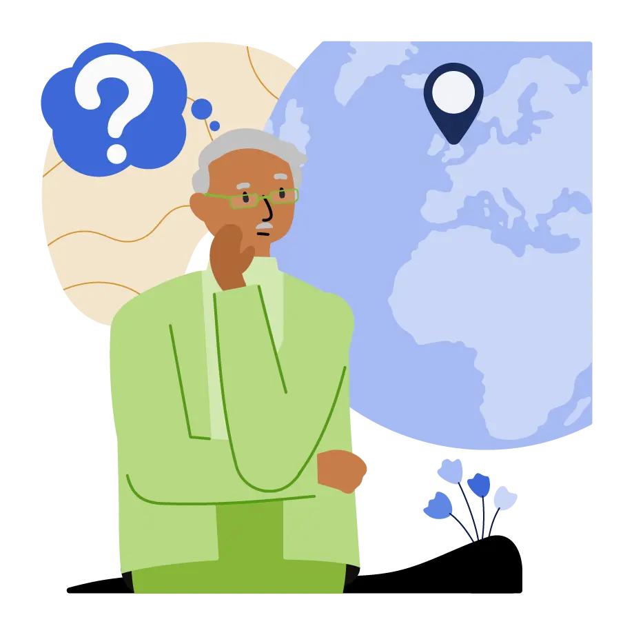 A pensive man in front of a globe with a pin in the UK.