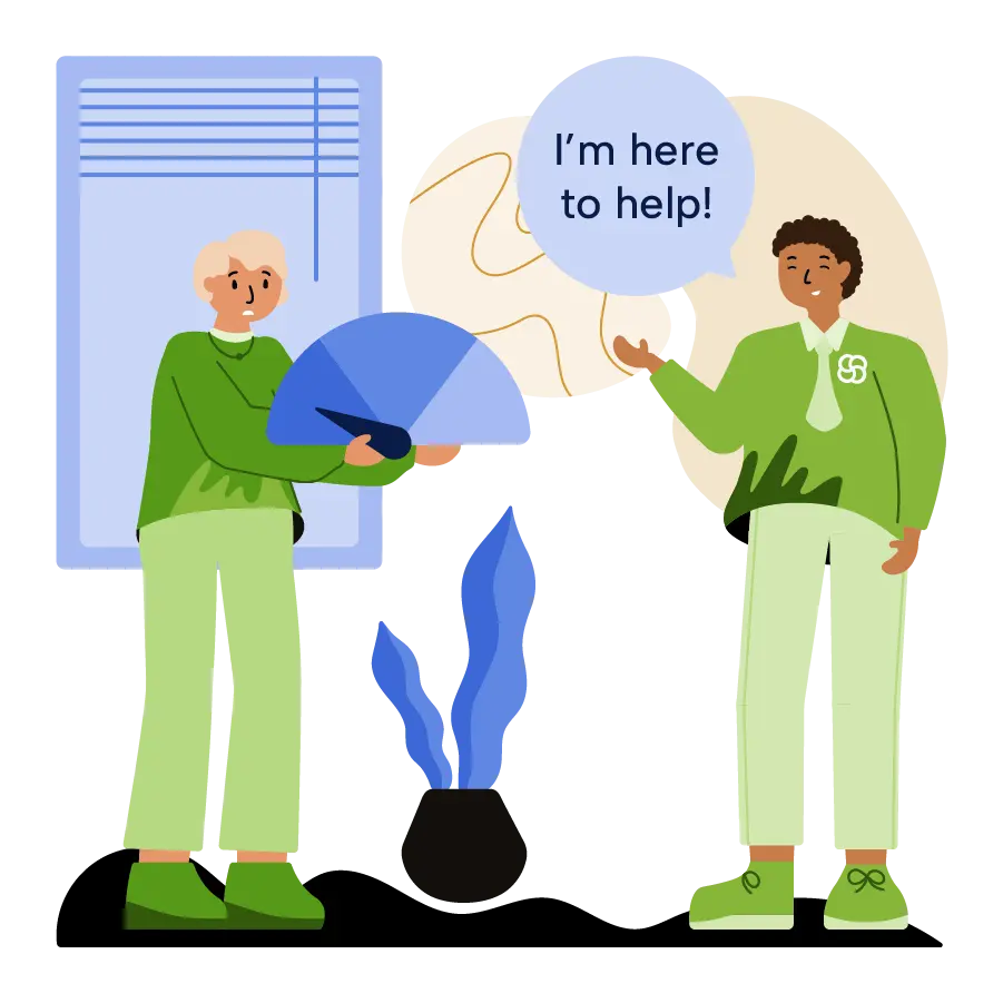 A woman holding a poor credit score and talking to an advisor.