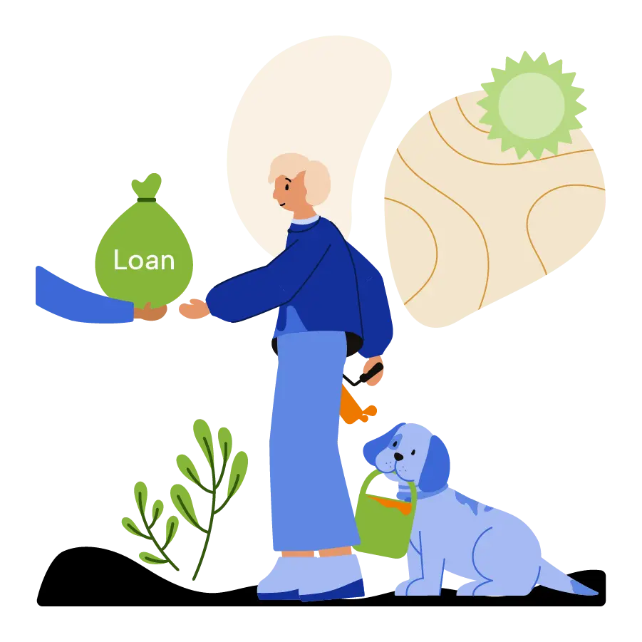 A woman with a paint brush reaching towards a money bag.