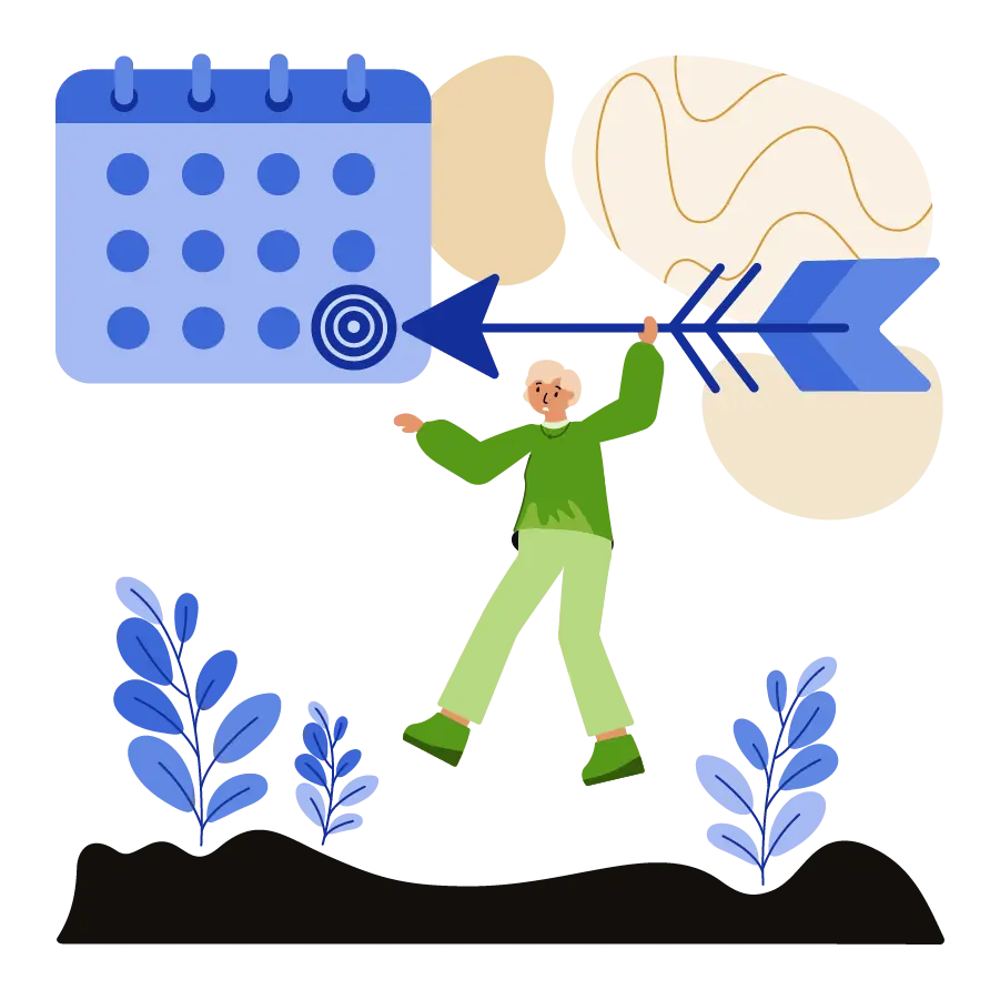 A woman aiming an arrow at a calendar.