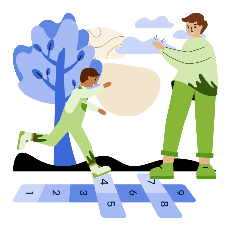 A boy jumping through the steps of a hopscotch with his brother.