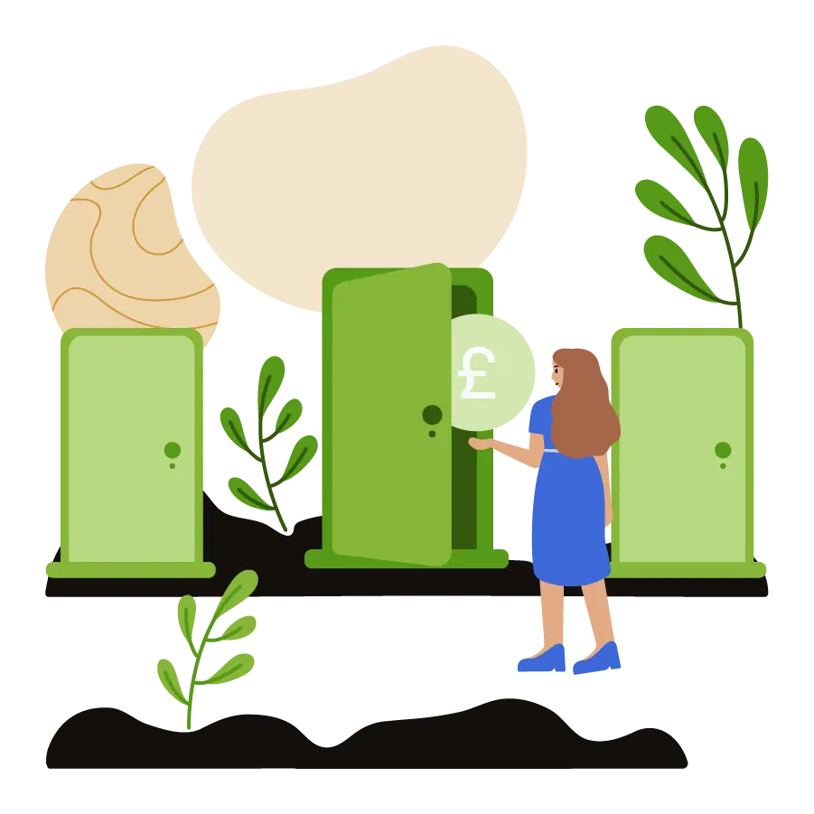 A woman looking at three different doors.