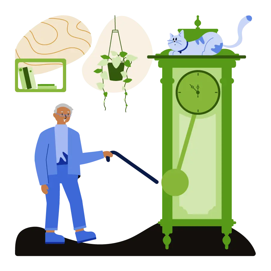 Old man with a cane looking at an old clock.