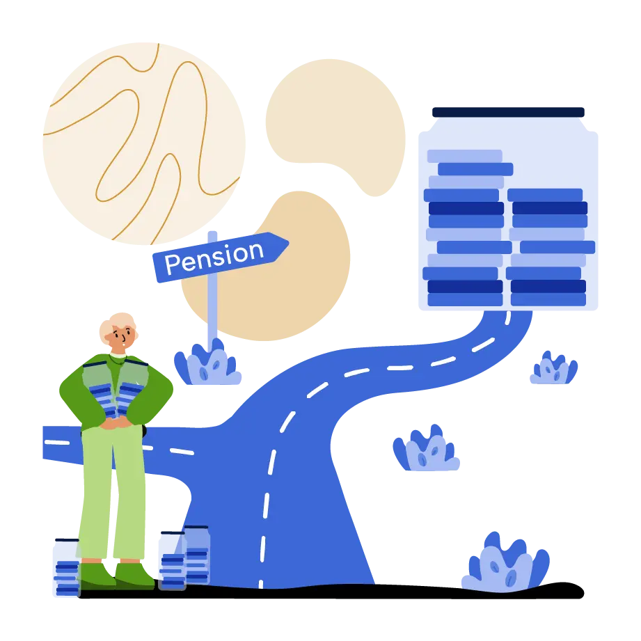 Woman standing in front of a road with a sign labelled Pension.