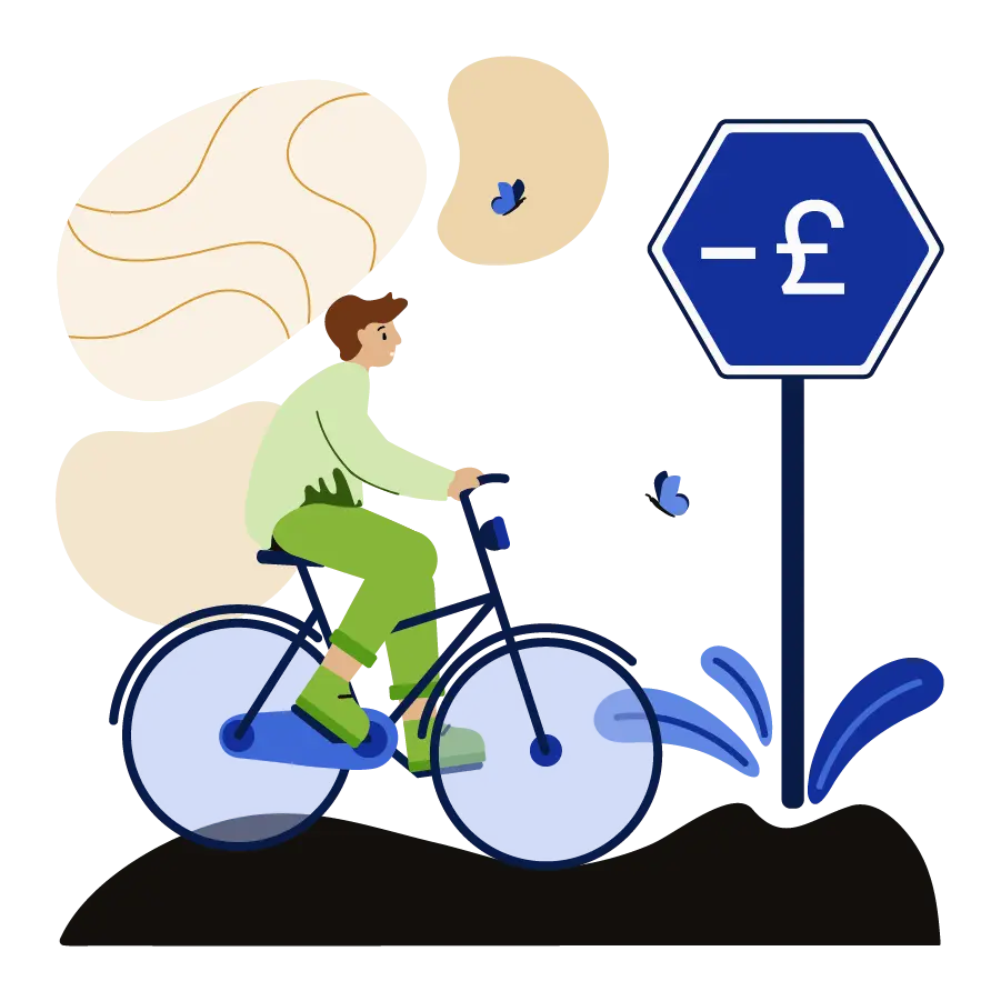 Young man on a bike next to a street sign with a negative pound