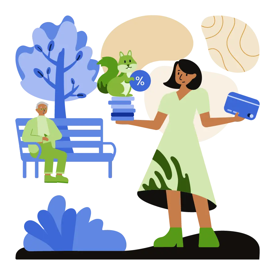 Woman holding a credit card and a stack of coins.