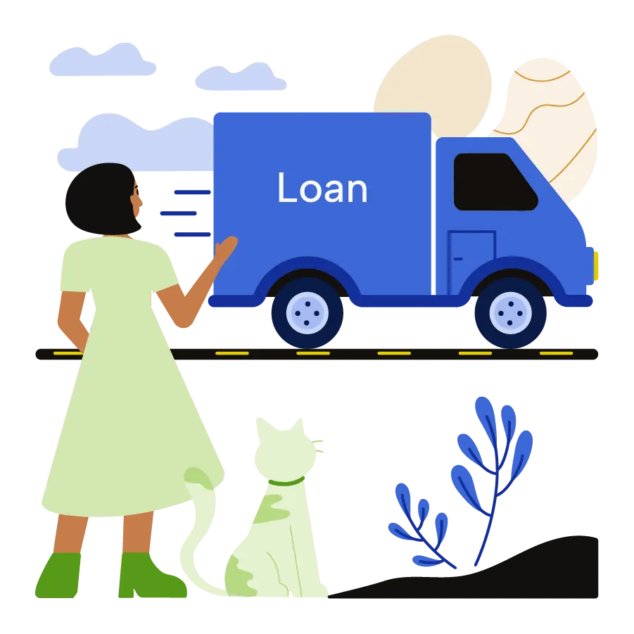 Woman and a cat waving to a van labelled Loan.