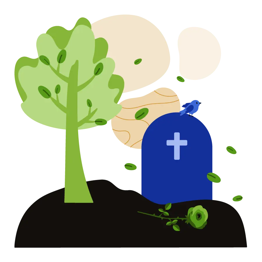 A grave stone with a flower in front and bird on the top