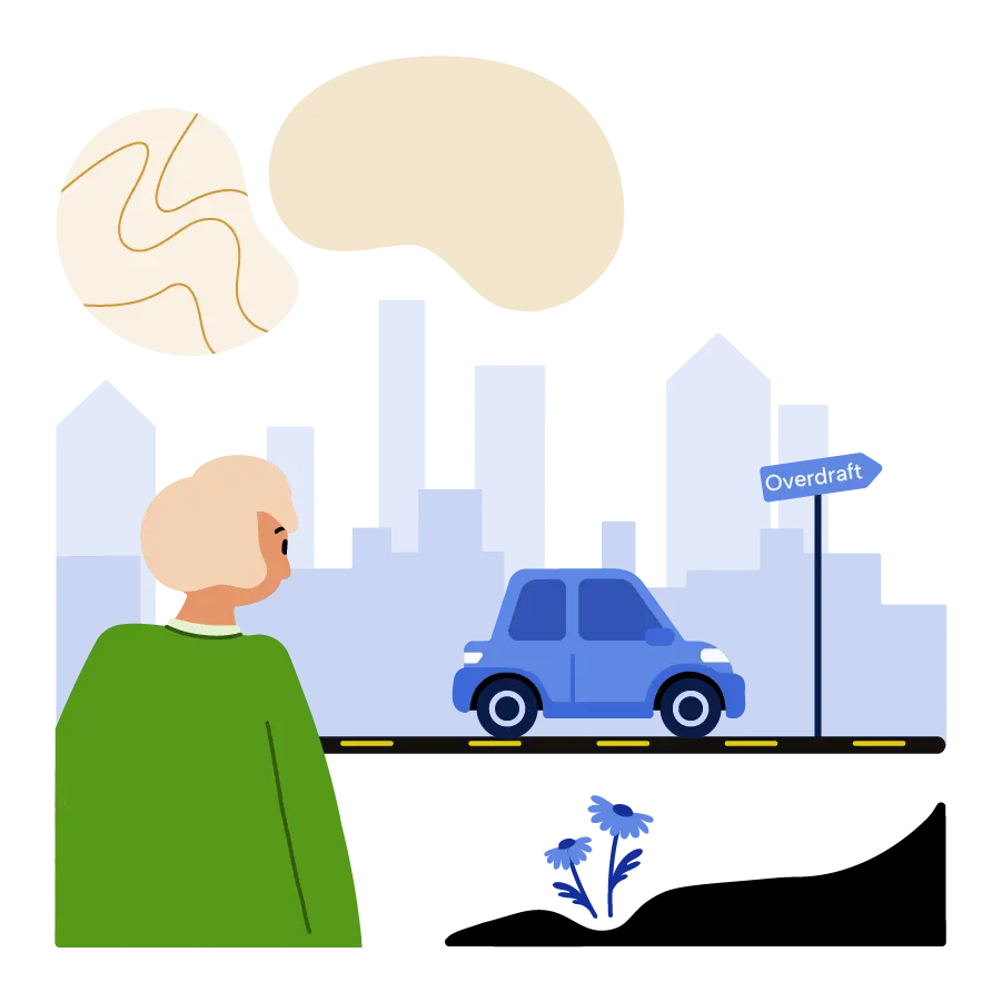 Woman looking at a car driving towards an Overdraft sign.