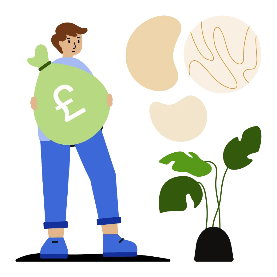 An upset man holding a green money bag.