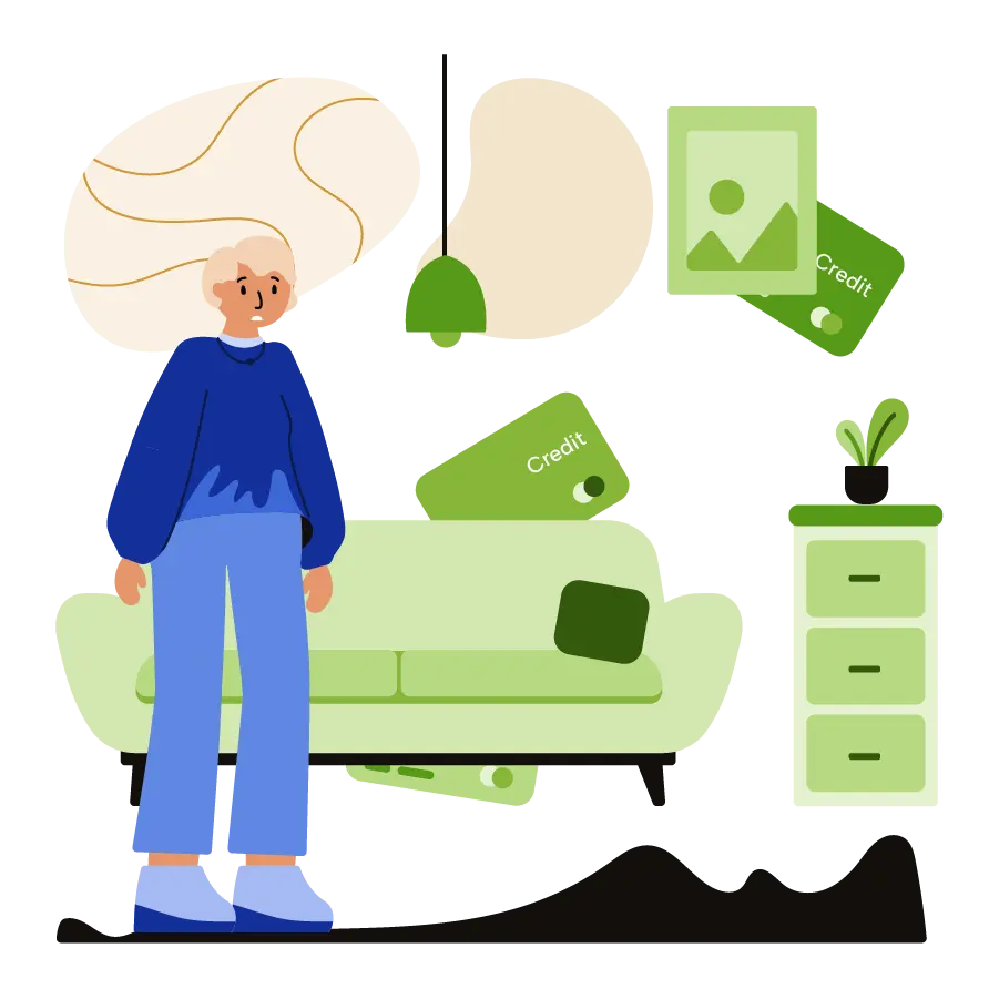 An upset woman looking at her many credit cards.