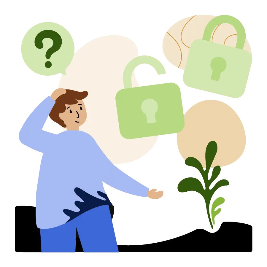 Confused man resting a hand on his head while looking at padlocks