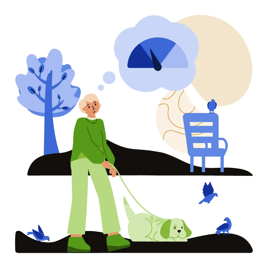 Woman walking her dog while thinking about credit scores.