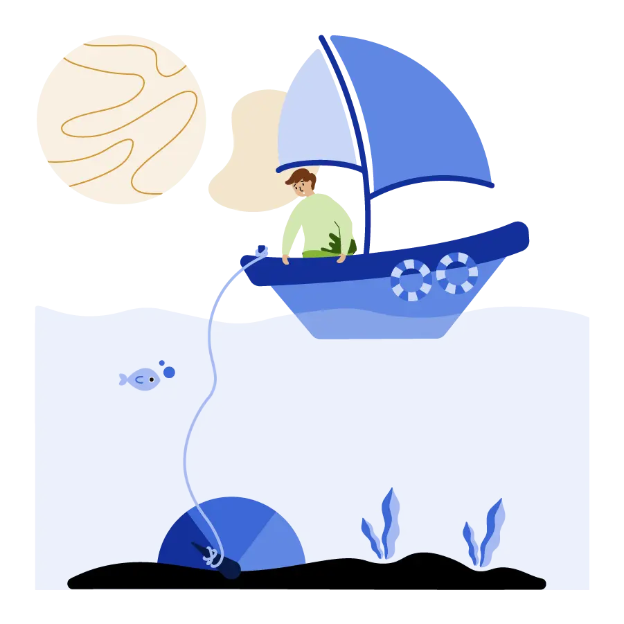 Man in a boat tied to a bad credit score under water.