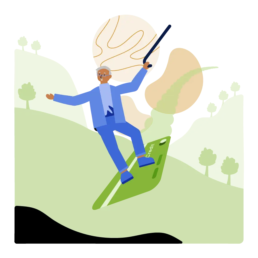 Old man air surfing on a credit card.