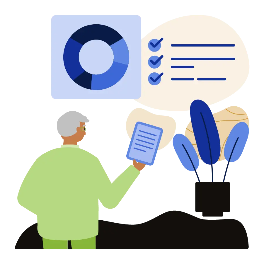 Man holding tablet in front of graphs.