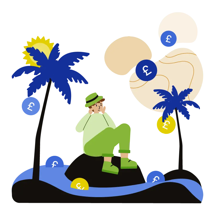 Worried man stranded on an island, coins falling around him
