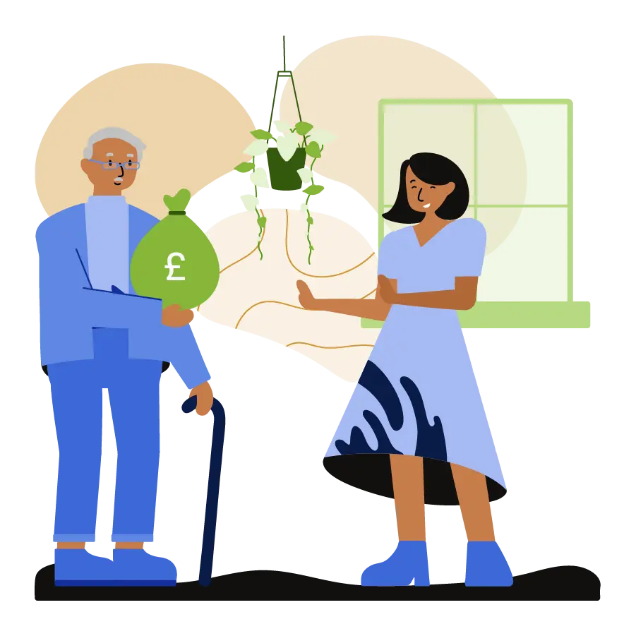 Elderly man hands younger woman a bag of money