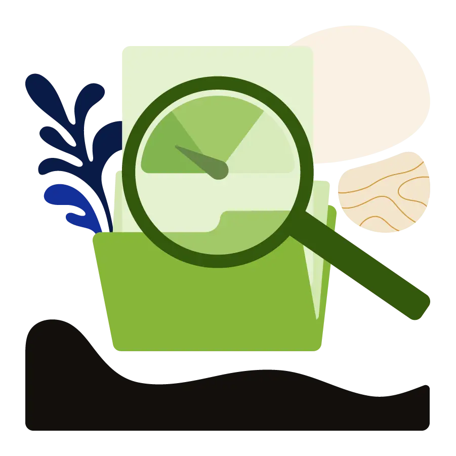 A magnifying glass hovering over a folder containing a credit file