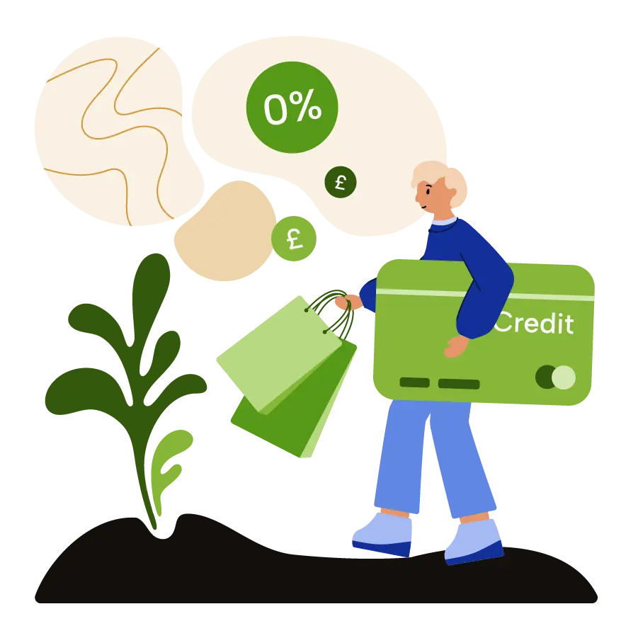 A woman holding shopping bags and a credit card