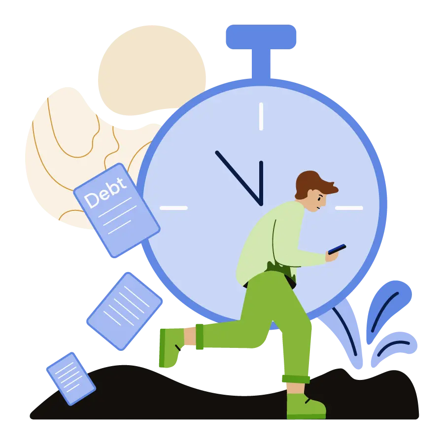 Man running in front of debts with a stopwatch behind