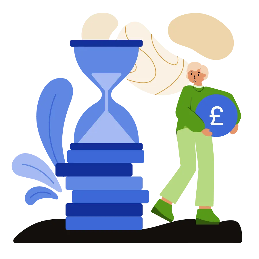 Woman holding coin looking at hour glass